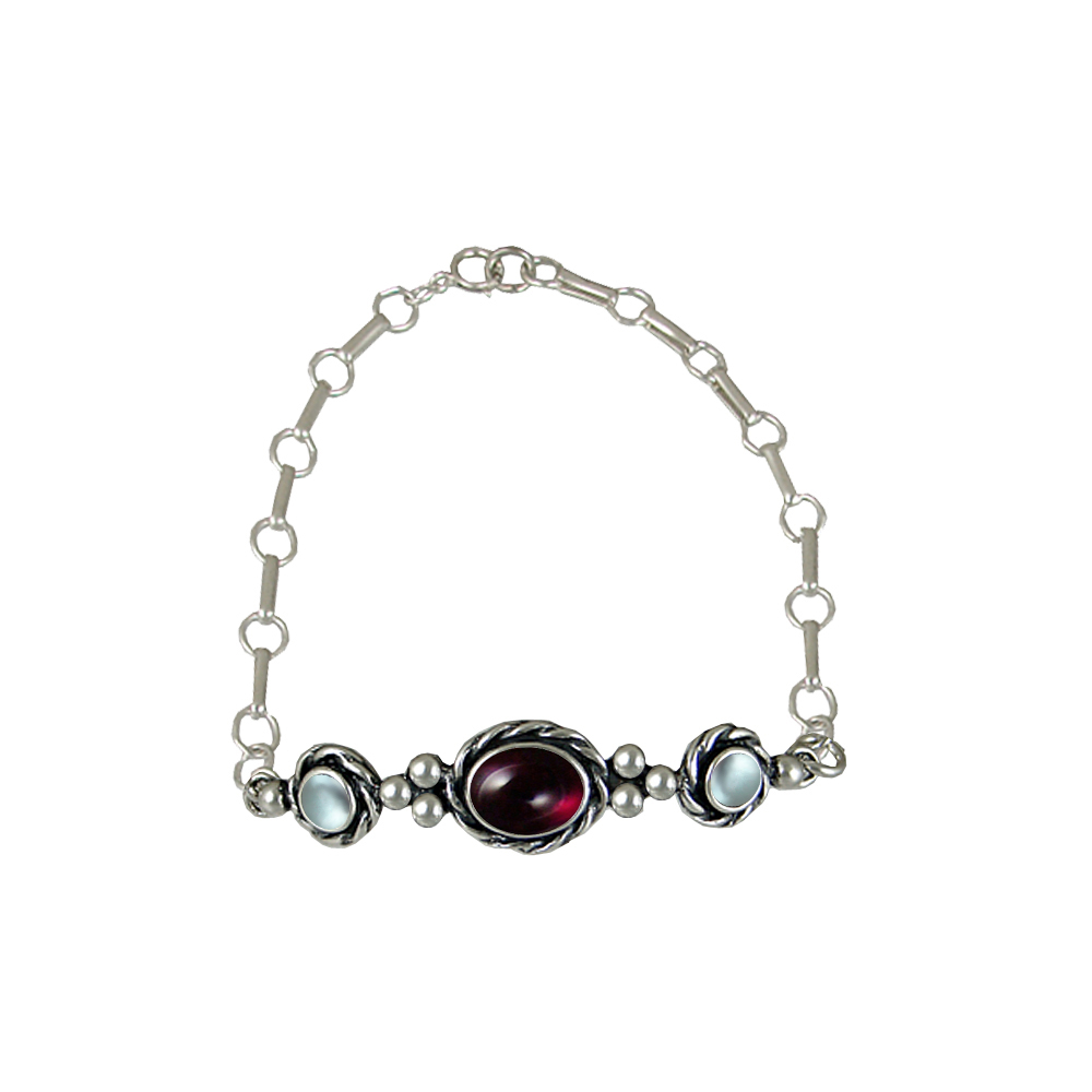 Sterling Silver Gemstone Adjustable Chain Bracelet With Garnet And Blue Topaz